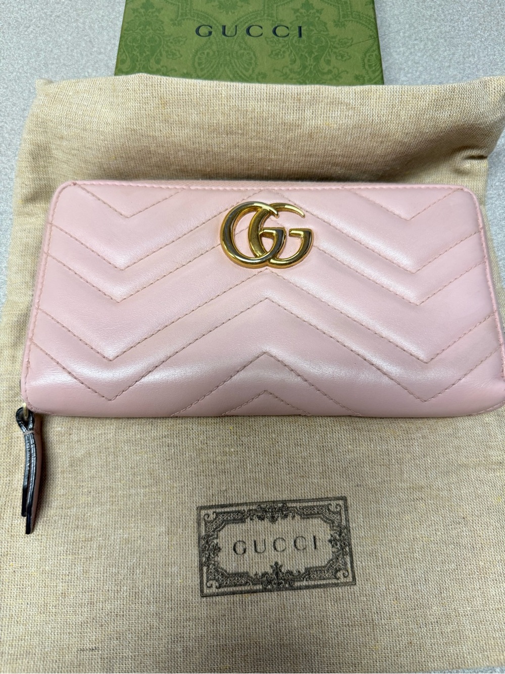 Gucci Pale Pink Chevron GG Zip Wallet with Gold Hardware